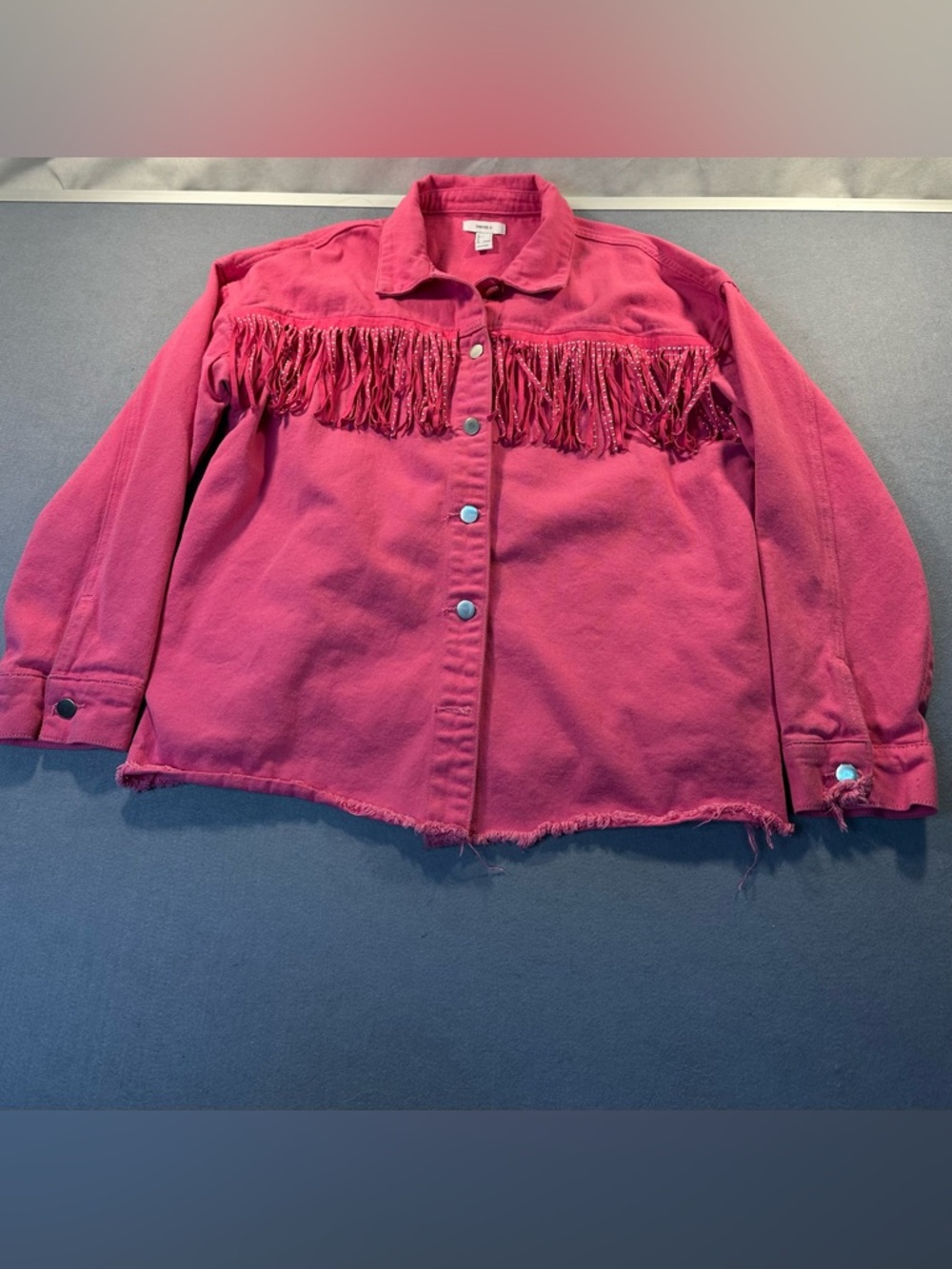 Forever 21 Hot Pink Fringed Jean Denim Trucker Jacket Size L